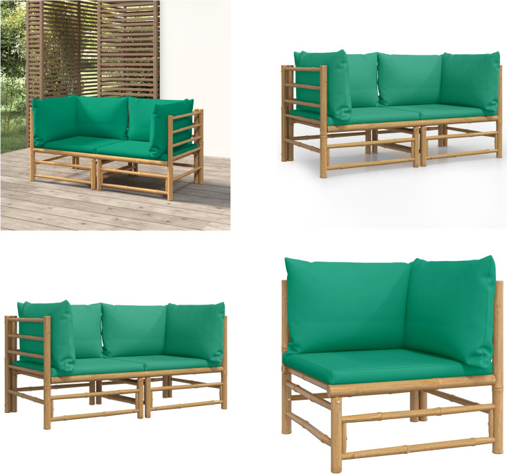 vidaXL Rohové záhradné pohovky so zelenými vankúšmi 2 ks. Bambus - Rohová záhradná pohovka - Rohové záhradné pohovky - Rohová vonkajšia pohovka - Rohová pohovka na terasu