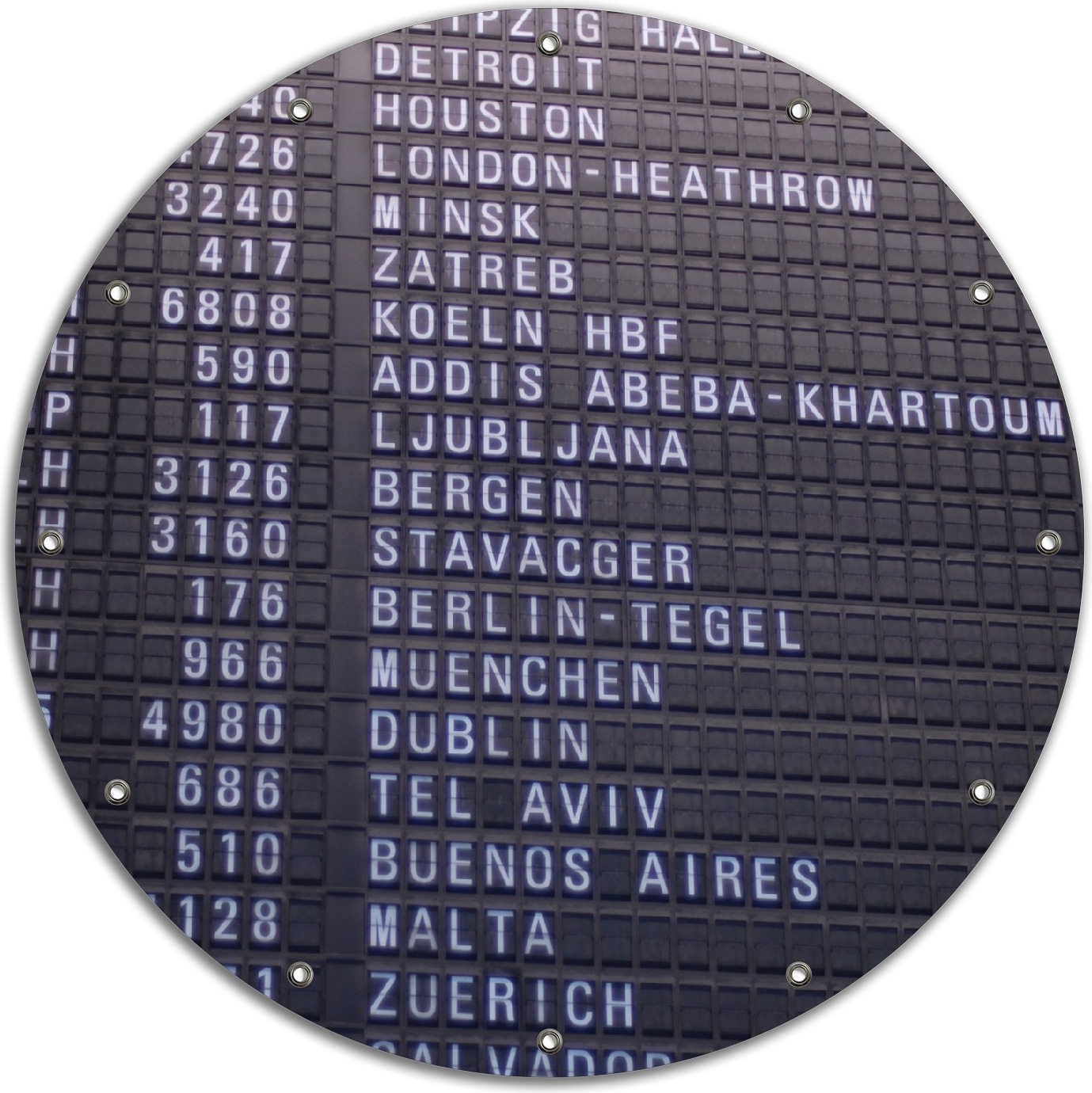 Wallario rundes Outdoor-Poster für Garten oder Balkon, Motiv Flughafen Abflugtafel, 90 cm Durchmesser ruban0065-9090