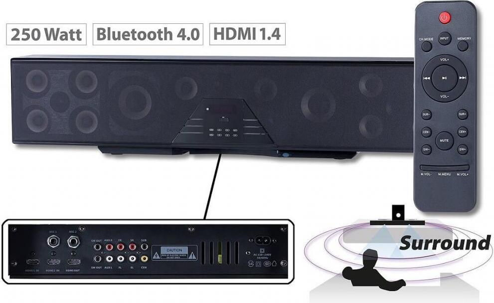 Auvisio 6-kanálový 3D soundbar 5.1 priestorový zvuk Bluetooth 4.0, HDMI, 250 W, reproduktorový panel