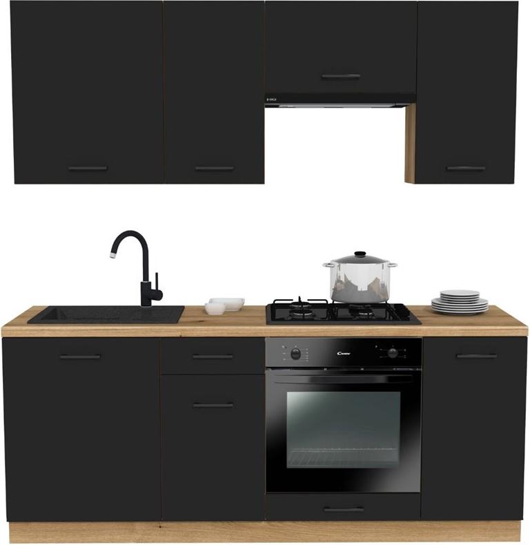 3E 3xE living.com Kchenmbel, Schwarz / Eiche Evoke, 200 x VERSTELLBAR x 48,5 cm M-MP-MK-VARIO-200-CZERN/EVOKE