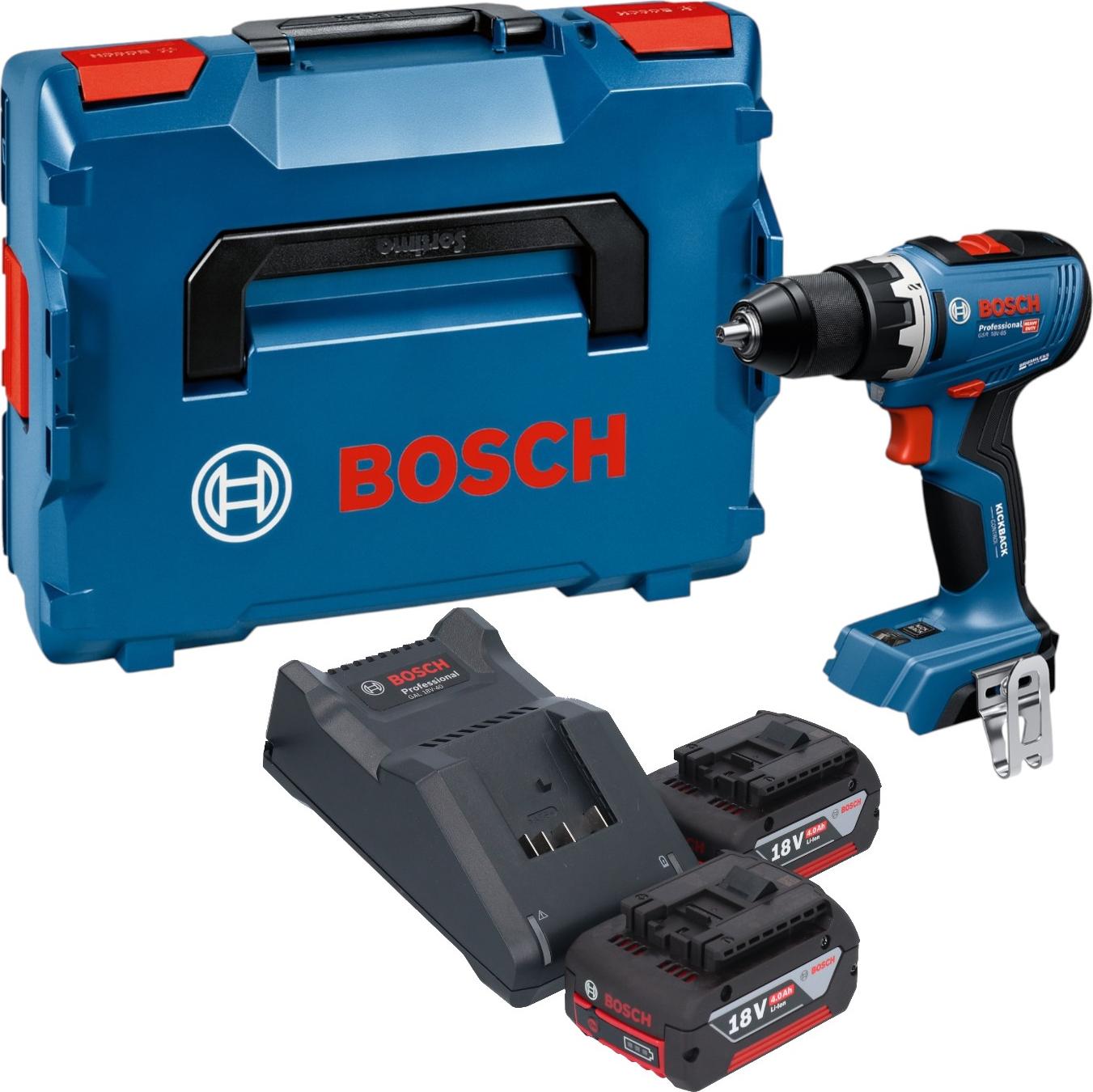 Akumulátorová vŕtačka Bosch GSR 18V-65 Professional 18 V, 63 Nm, bezkefová + 2x akumulátor 4,0 Ah + nabíjačka + L-Boxx