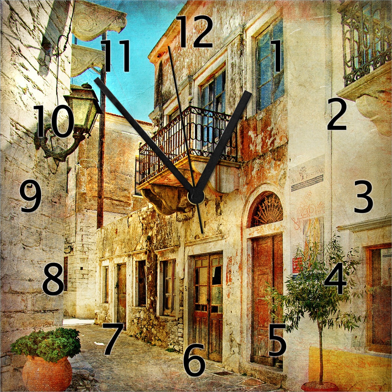 Wallario Design Wanduhr Gasse im Süden, Urlaub in Griechenland aus Echtglas, Größe 30 x 30 cm gugs0146-3030