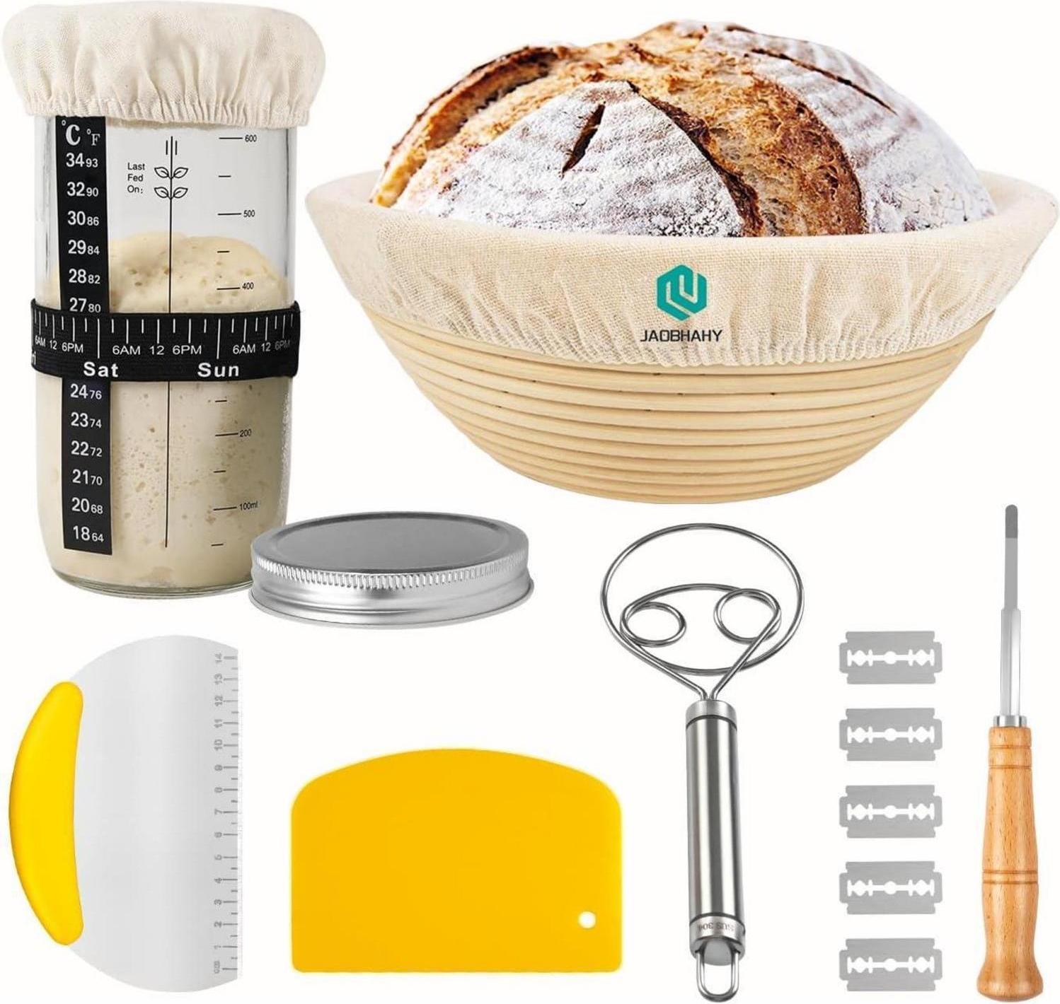 Sonstige JAOBHAHY 23cm Rund Gärkorb Set mit Sauerteig Starter, Thermometer, Schneebesen & Bäckermesser