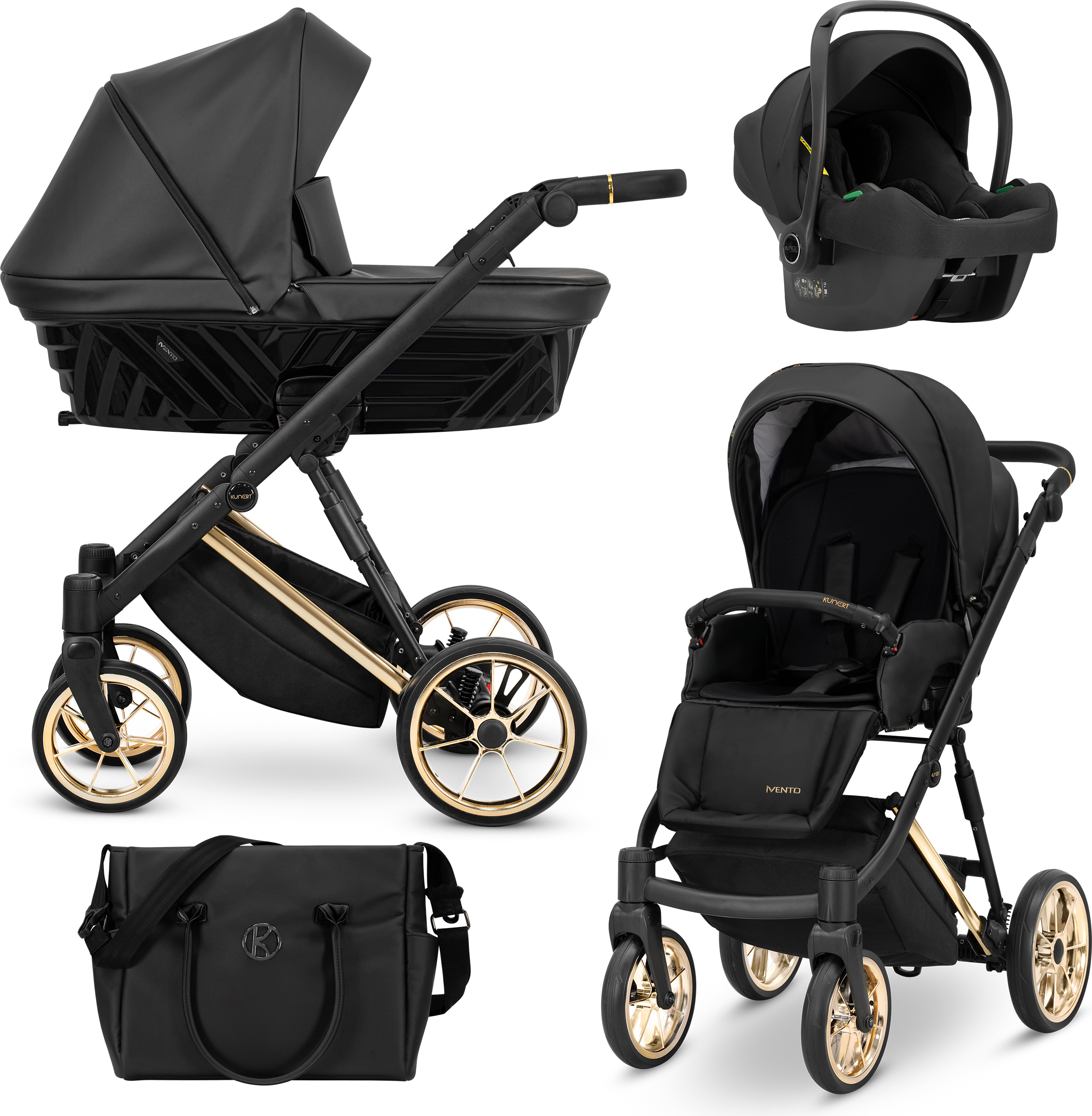 Kunert Kinderwagen IVENTO Sportwagen Babywagen Babyschale Komplettset Kinder Wagen Autositz Set 3 in 1 (Black Pearl, Rahmenfarbe: Gold)