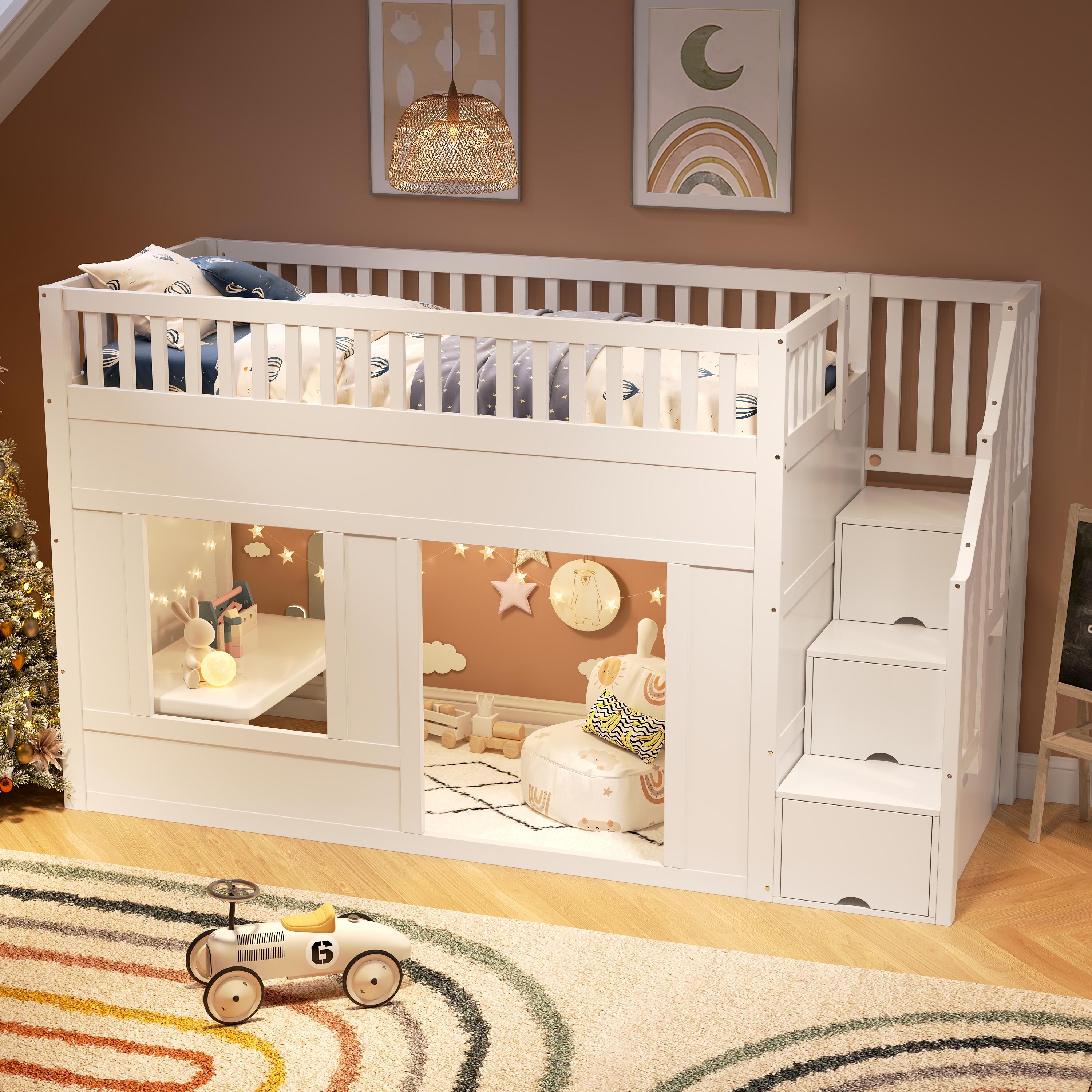 okwish Etagenbett 90x200 Kinderbett mit Matratze,Stockbett mit Treppenschrank und ausreichend Platz,Bettgestell Jugendbett mit umbaubarer Spielraum darunter,Weiß