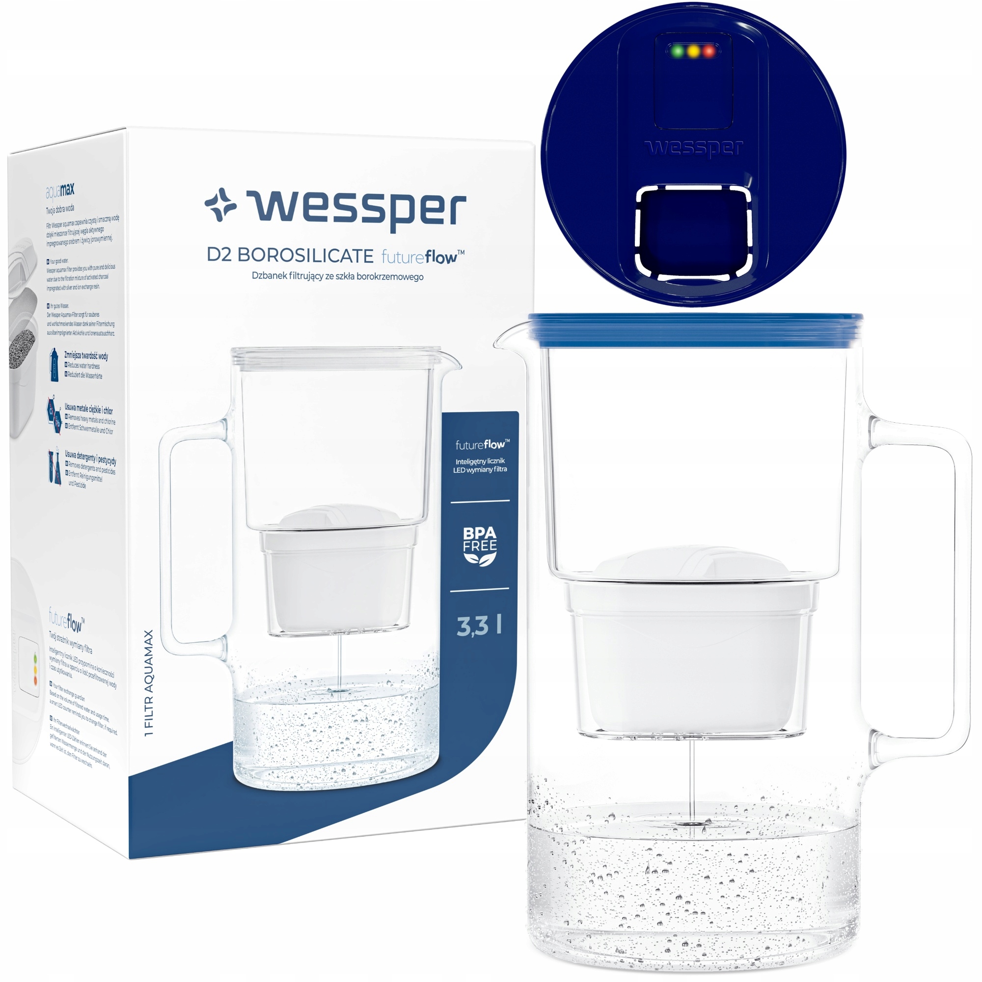 Wessper Glazen Waterfilterkan 2 l, Waterfilterkan van Glas, BPA-vrij