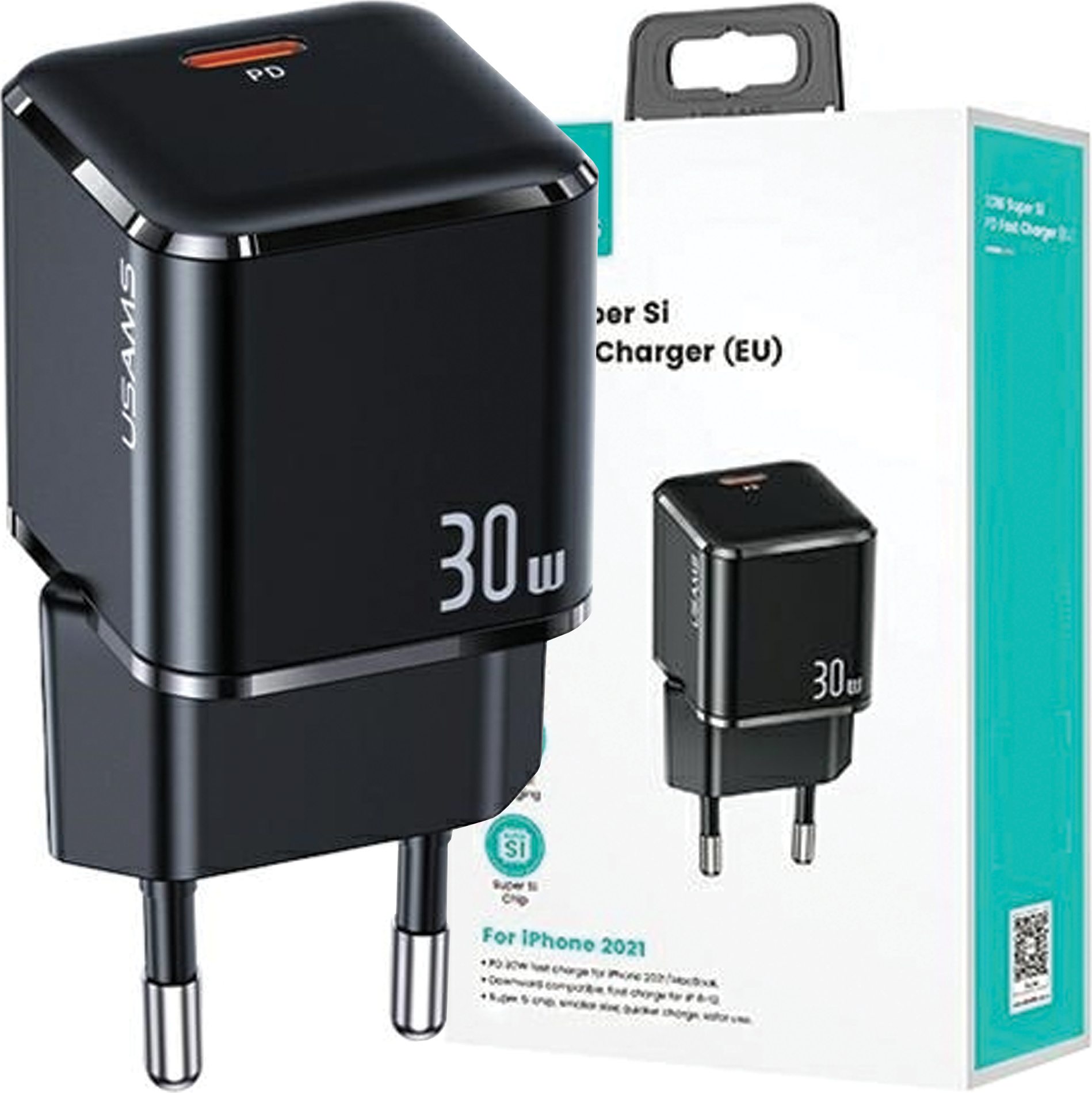 Usams Lad. Siete. 1Xusb-C T45 Mini 30W (Iba Hlava) Pd3.0 Rýchle Nabíjanie Čierna/Čierna Cc148Tc01 (Us-Cc148)