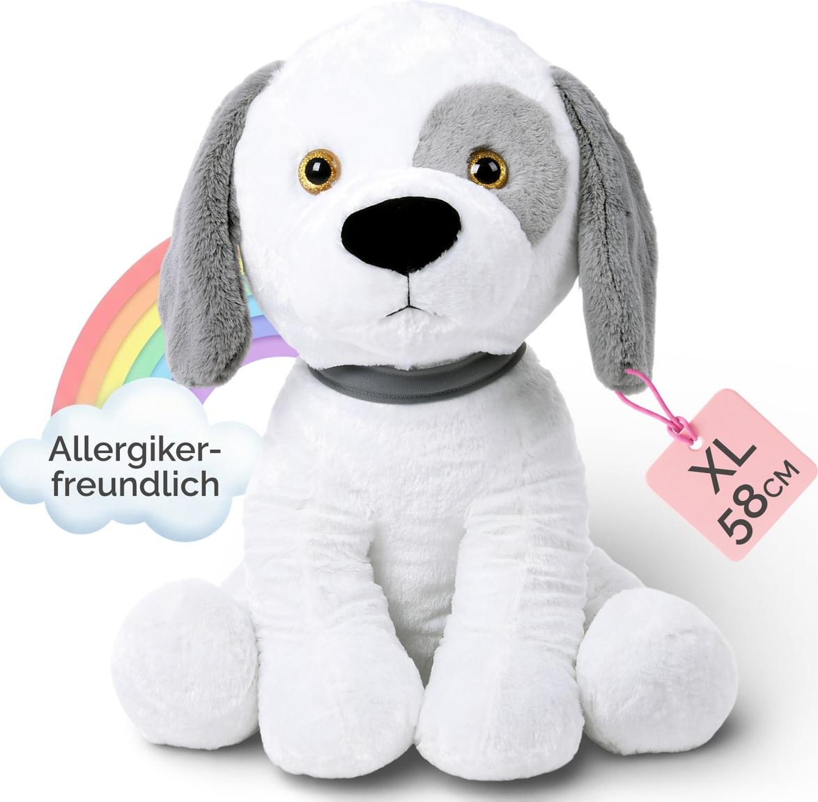 Monzana Plüschtier Kuscheltier Stofftier Hund XL 58 cm Groß Weiches Fell Kuschelig Halsband Weiß Plüschhund Stoffhund Spielzeug 9875