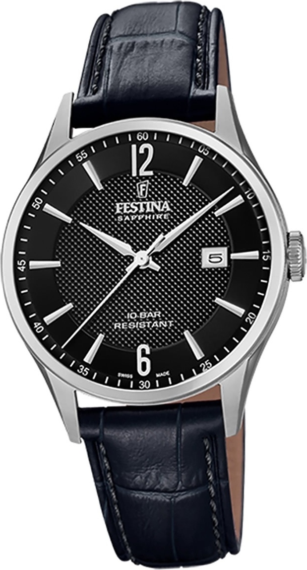 Pánske kožené hodinky Festina F20007/4 náramkové hodinky čierne Swiss Made D2UF20007/4