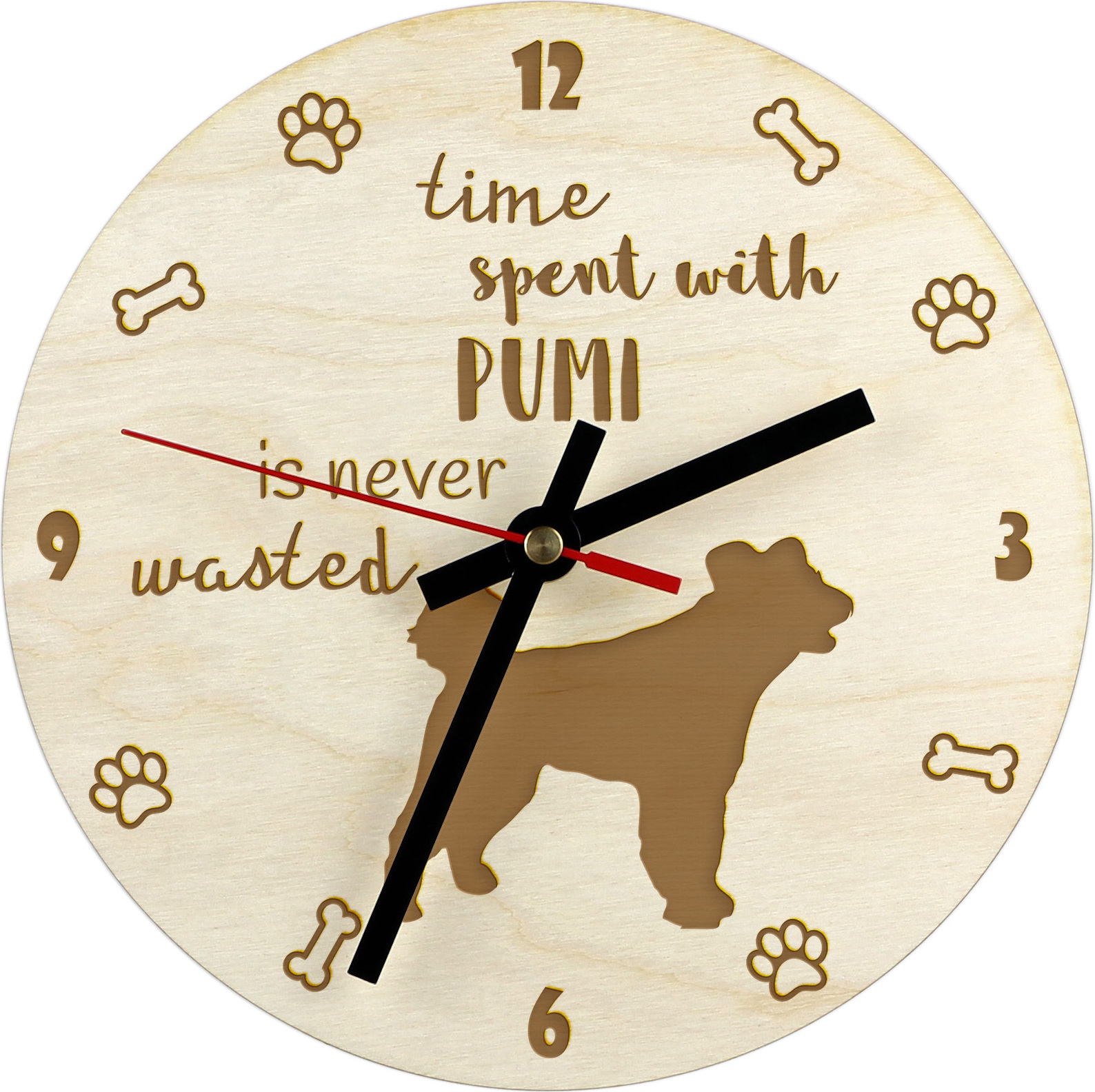 Pumi - Uhr mit Hund, Holzuhr mit Gravur, personalisierte Uhr von Art-Dog