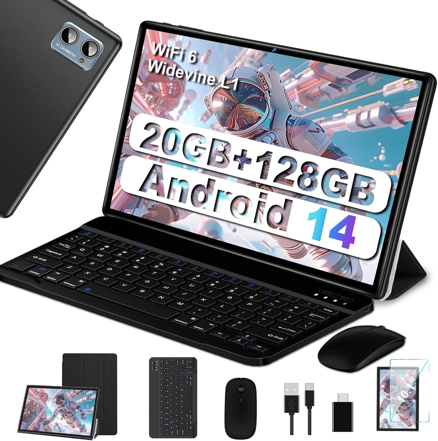 2025 Najnovší tablet 10 palcov Widevine L1, Android 14 Tablet, 20GB RAM + 128GB ROM (TF 1TB), Octa-Core 1,8GHz, WiFi 6, 6000mAh, Bluetooth 5.0, 1280 x