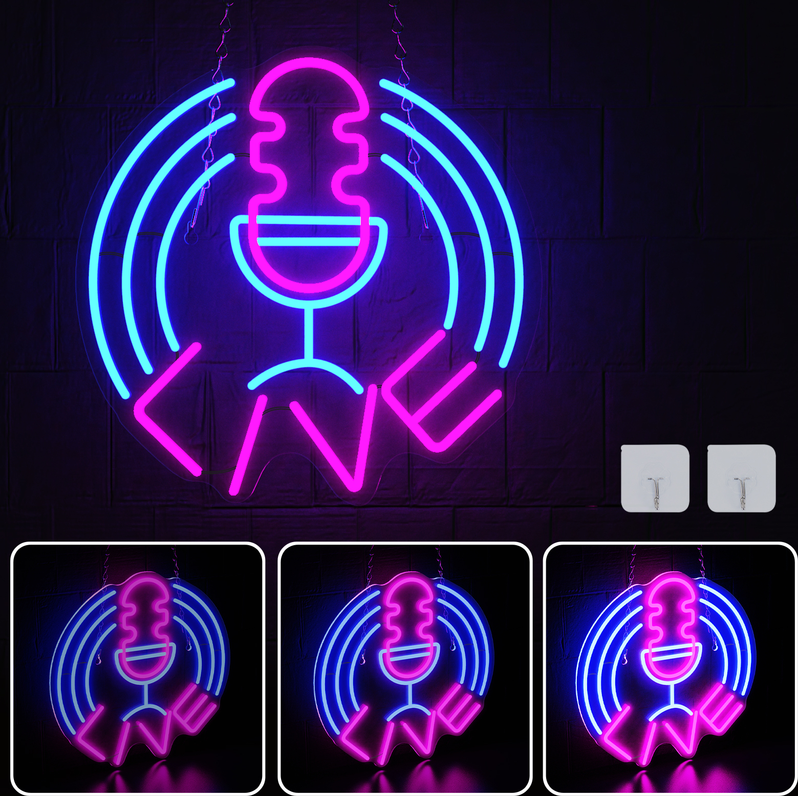 LZQ Podcast-Mikrofon Neonleuchte 'LIVE' in Pink und Blau, ideal für Podcast-Studios und moderne Einrichtungen mit USB Kabel , Typ C