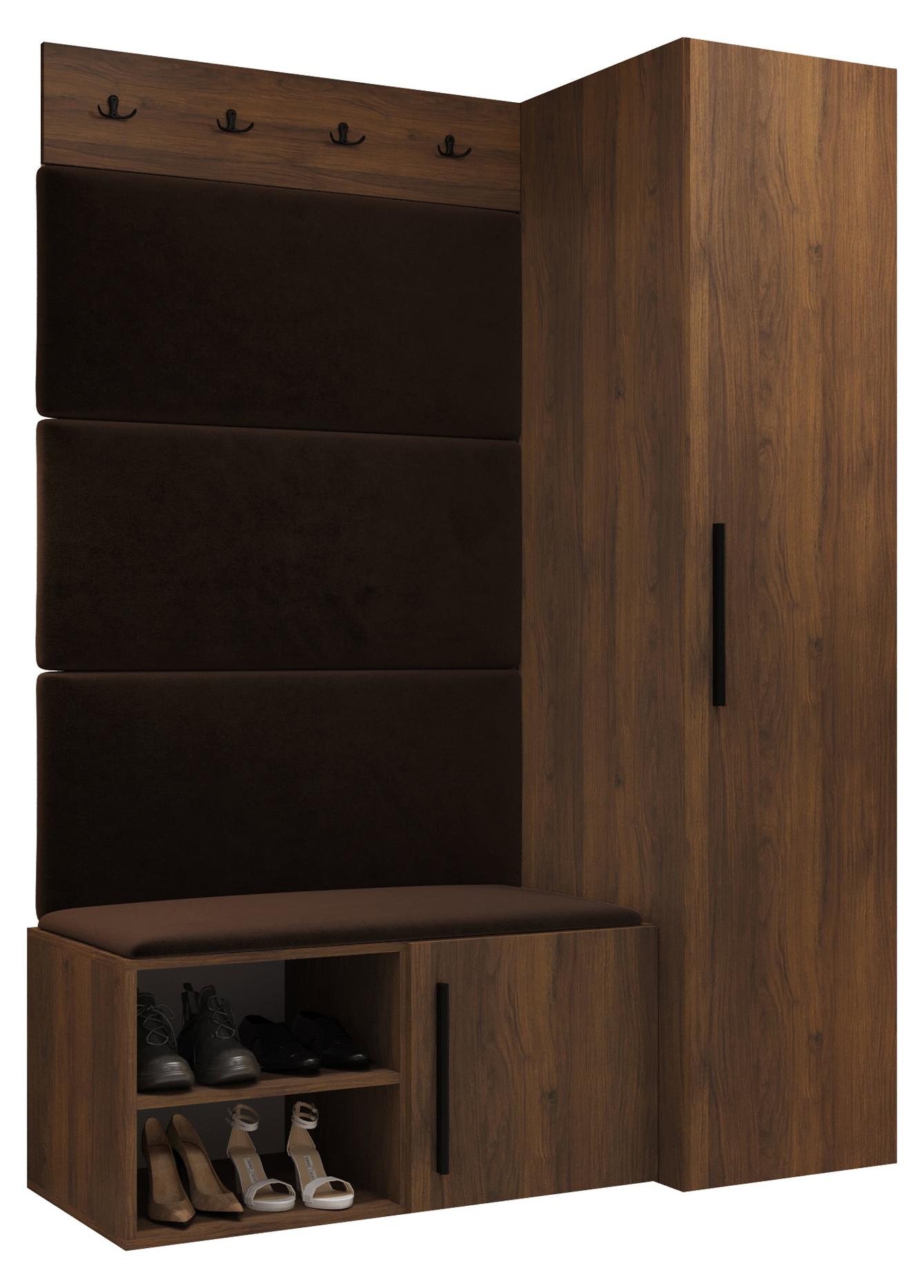 MIRJAN24 Garderoben-Set Medi II, Schuhschrank, Kleiderhakenbrett, 4x Paneel 84x42, 4 Kleiderhaken (Farbe: Nuss Warmia, Manila 04)