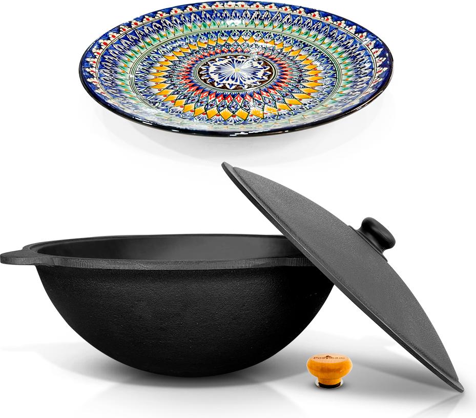 Davr Metall Uzbekisch Kazan Gusseisen Holzgriff 22 L Kochtopf Kasan Lagan Ø 42 cm, WOK Pfanne