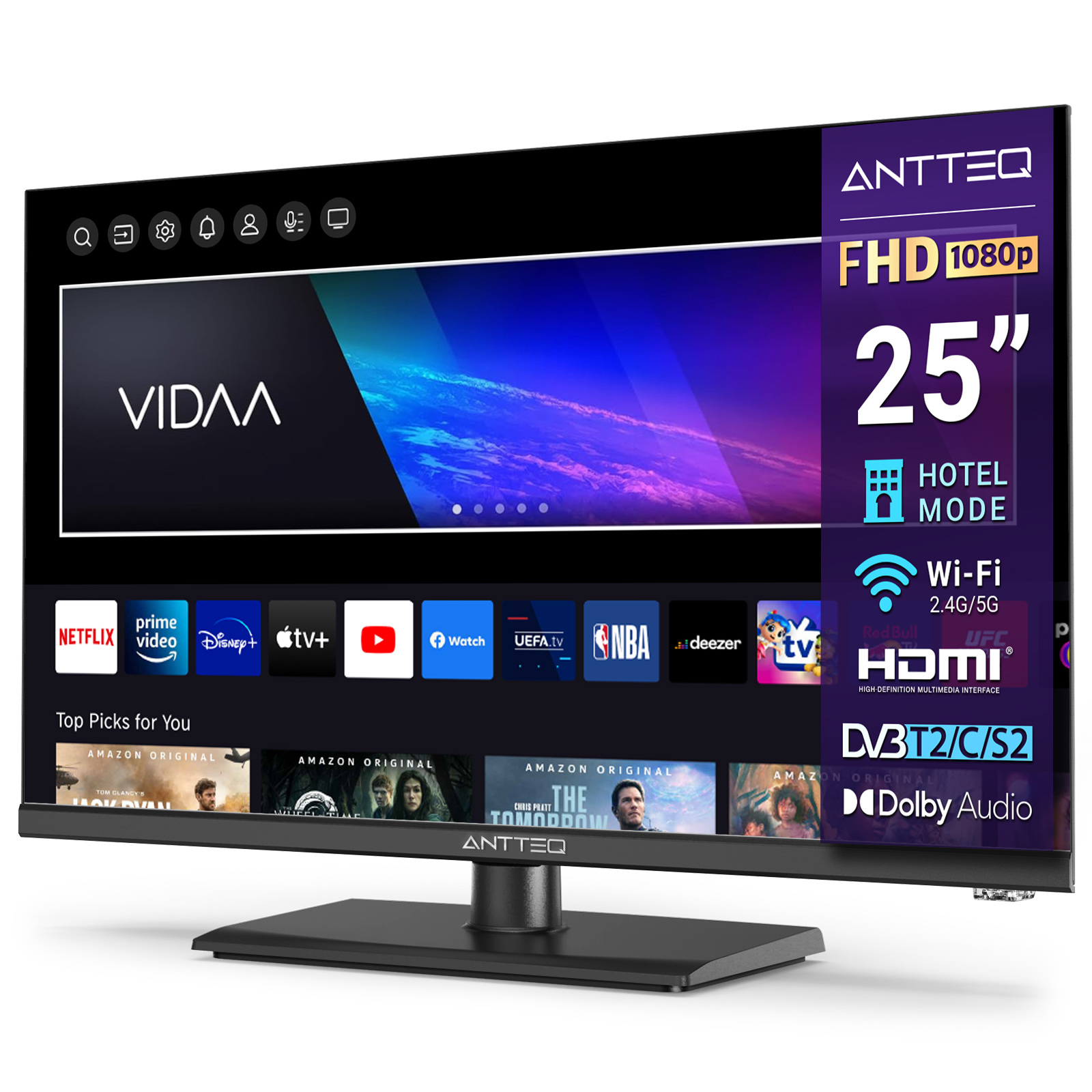 Antteq V25-AF3Q1 Smart TV 25 zoll (Fernseher 64 cm),FHD,Triple Tuner(DVB-T2/S2/C),App Store,Netflix,Prime Video,DAZN,UVM,Wifi,Hotelmodus, 2024