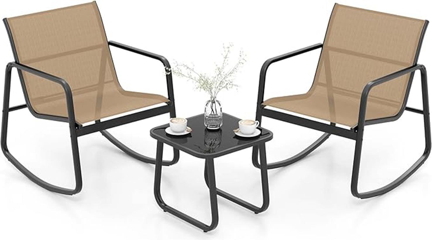 3-dielna súprava stola a stoličiek, 2 pohodlné hojdacie kreslá a konferenčný stolík so sklenenou doskou, pre vnútorné a vonkajšie priestory, ako sú balkóny, hnedá farba