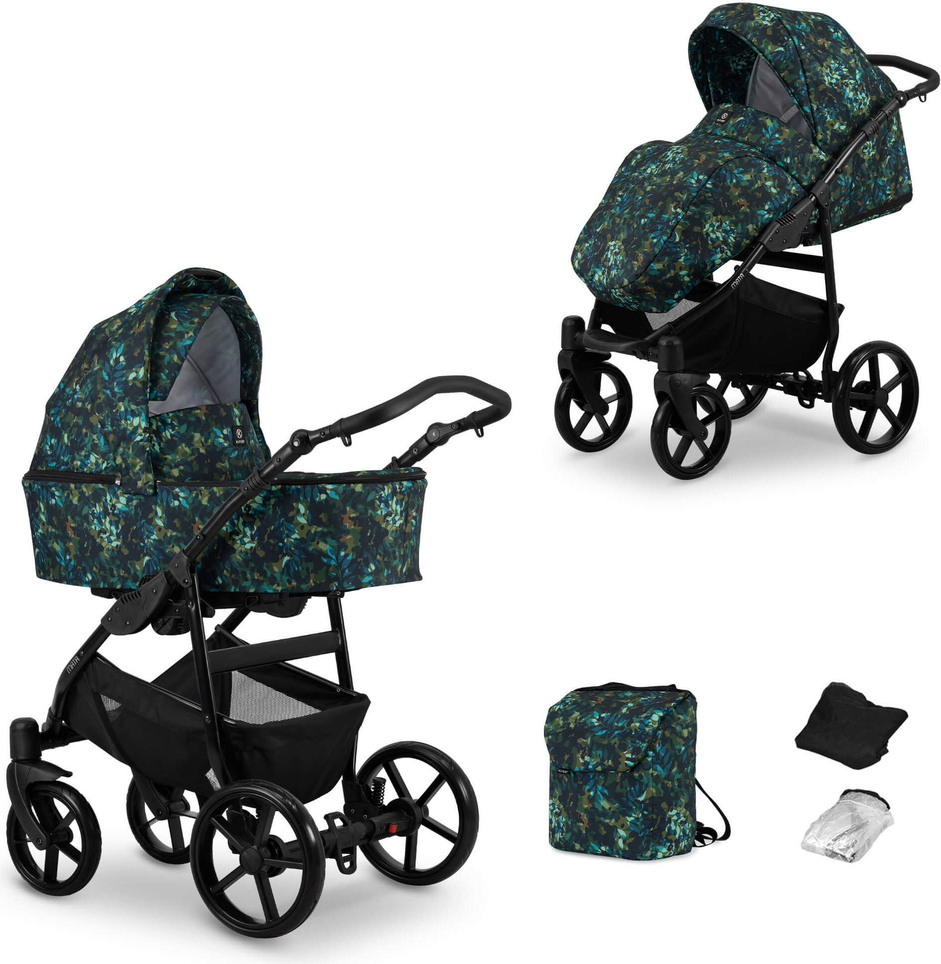Kinderwagen MATA Sportwagen Babywagen Babyschale Komplettset Kinder Wagen Set 2 in 1 (blätter, Rahmenfarbe: Schwarz)