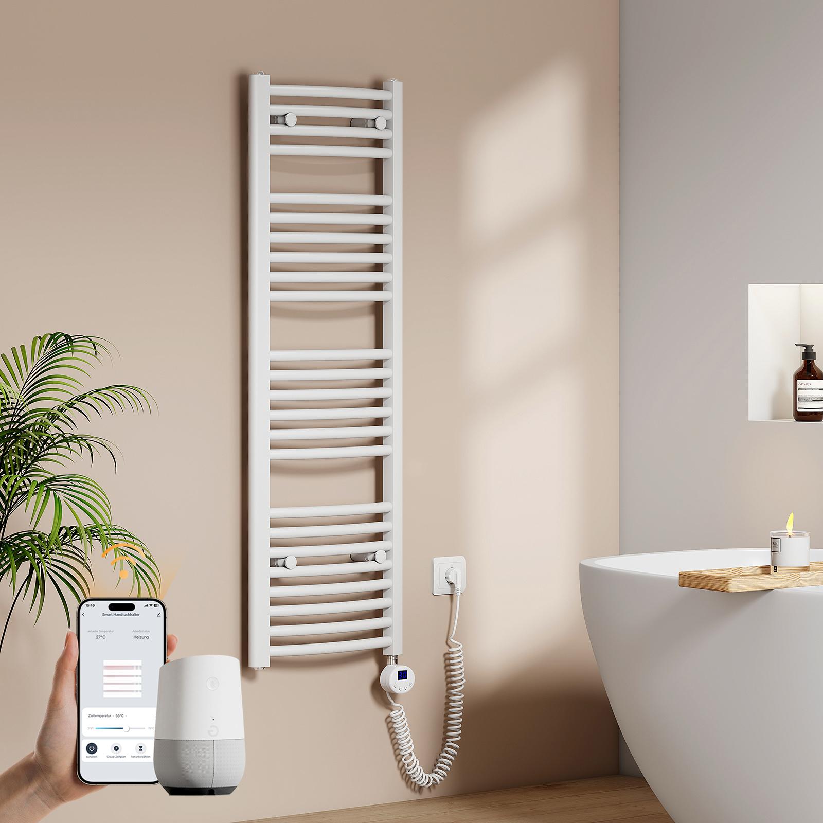 EMKE Elektrický kúpeľňový radiátor na uteráky zakrivený 500w Wifi ovládanie Inteligentný termostat 120X40cm Biely ohrievač uterákov