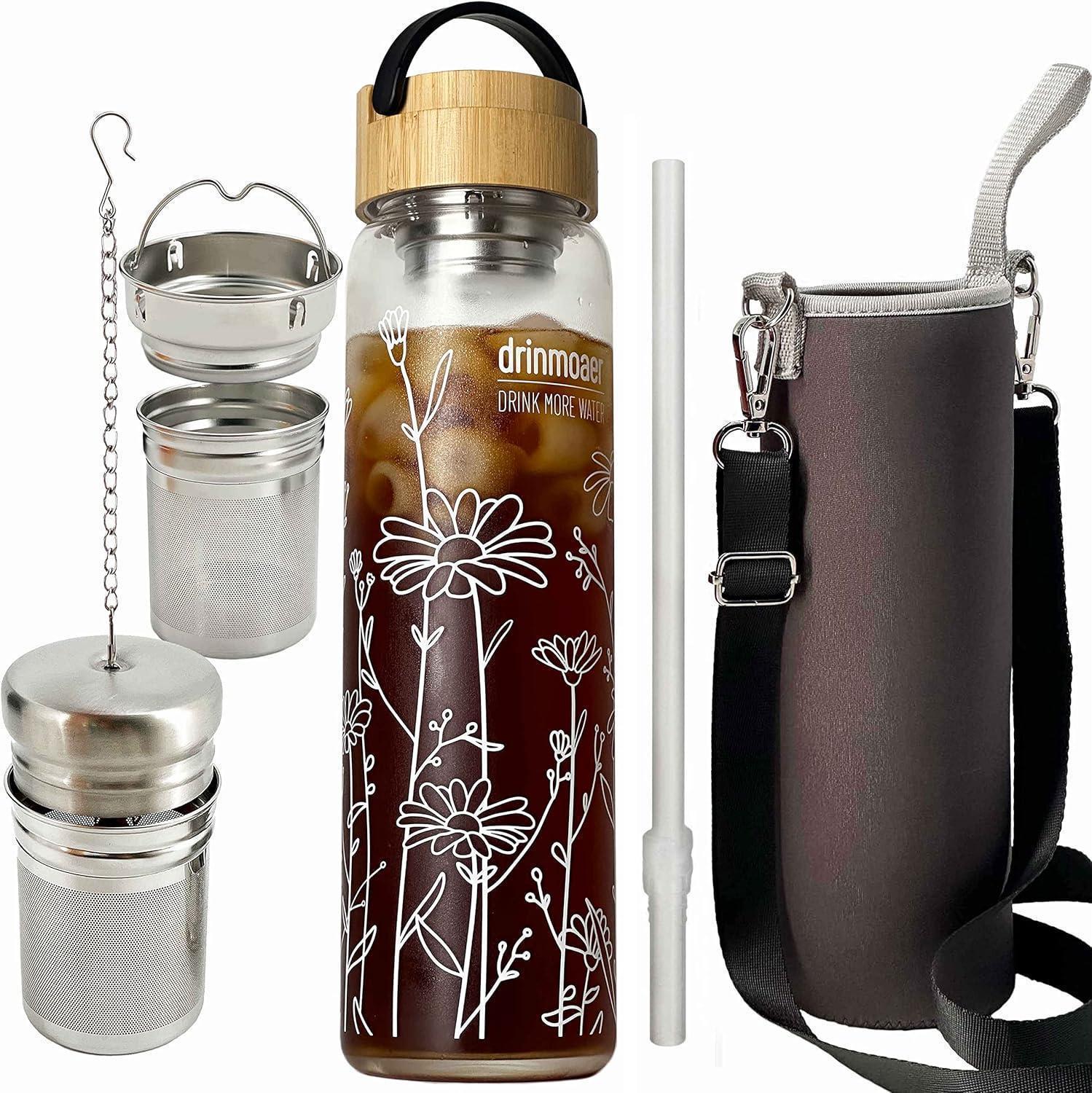 Sonstige 1 Liter Glas Trinkflasche mit Bambusdeckel und Hülle, Teeflasche mit Sieb, Blumenmuster