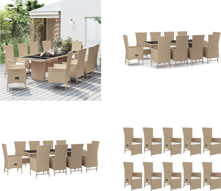 vidaXL 11 tlg. Garten Essgruppe mit Kissen Beige Poly Rattan - Garten Essgruppe - Garten Essgruppen - Essgruppe - Essgruppe Terrasse