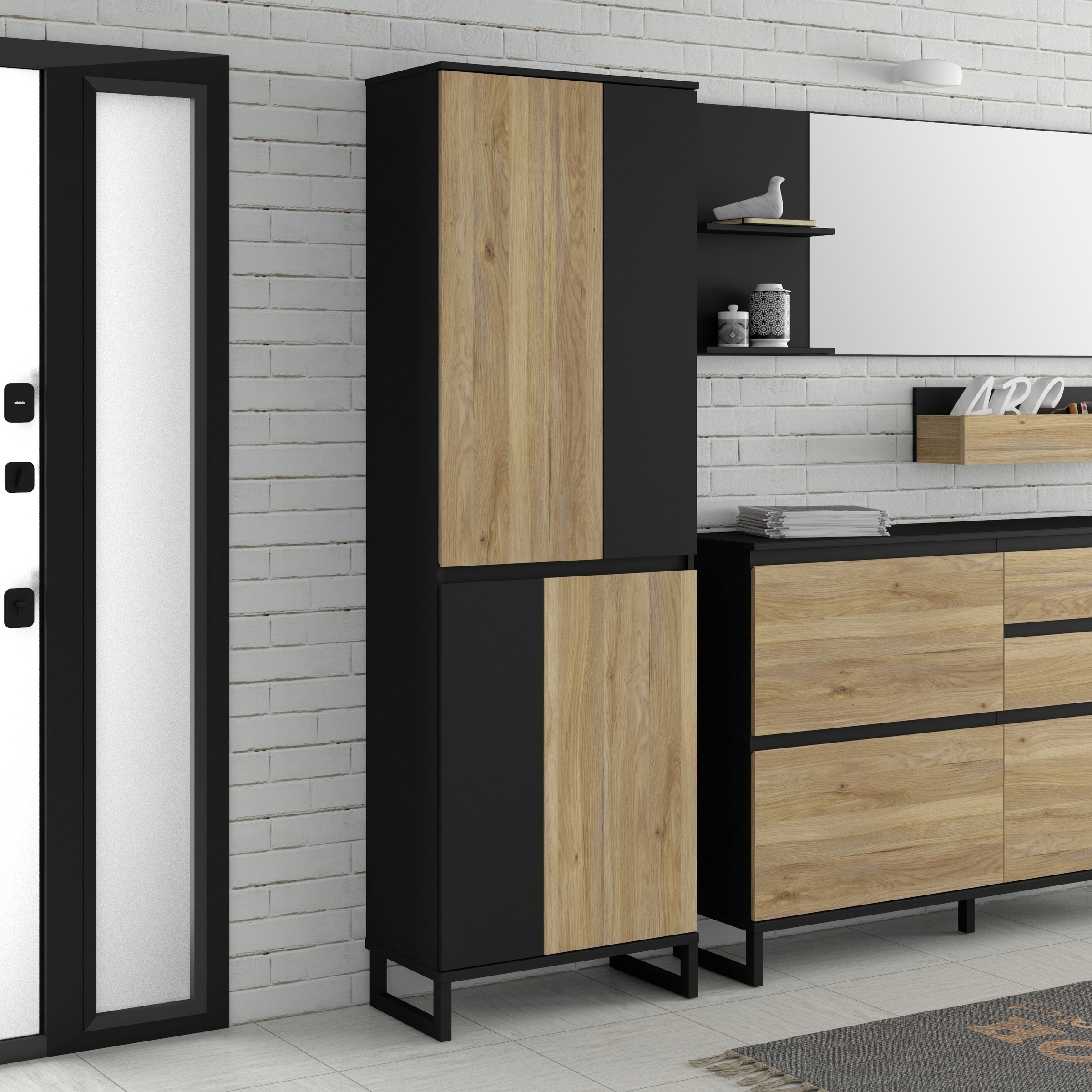 Drehtürenschrank >QUAYLE< in Mauvella Eiche, Schwarz - 65,1x201,7x34,1cm (BxHxT)