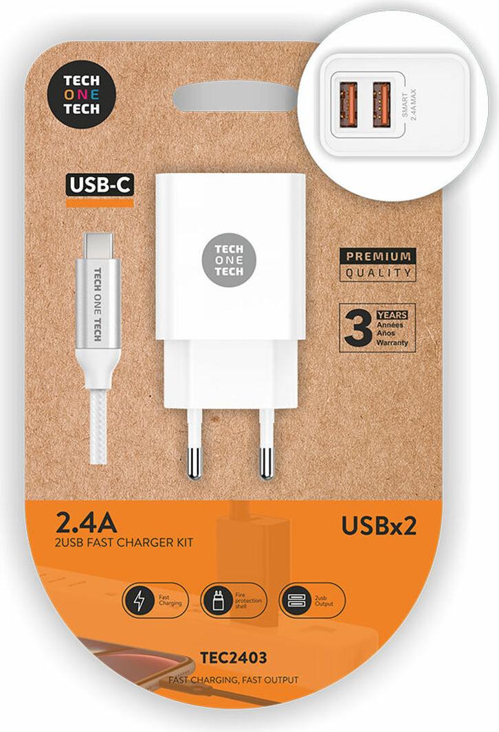 Nabíjačka Mural + Câble USB-C Tech One Tech TEC2403 Blanc Double