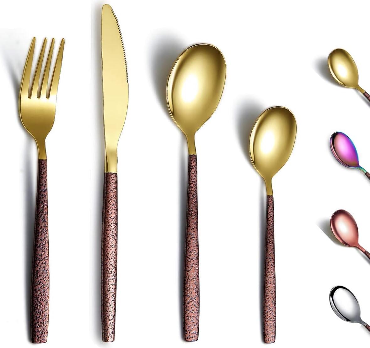 Markenlos 30-teiliges Besteckset mit mondförmigem Griff und glänzender goldener Titanbeschichtung, modernes Besteckset aus Edelstahl, Set mit Küchenutensilien, 6 Bestecke.