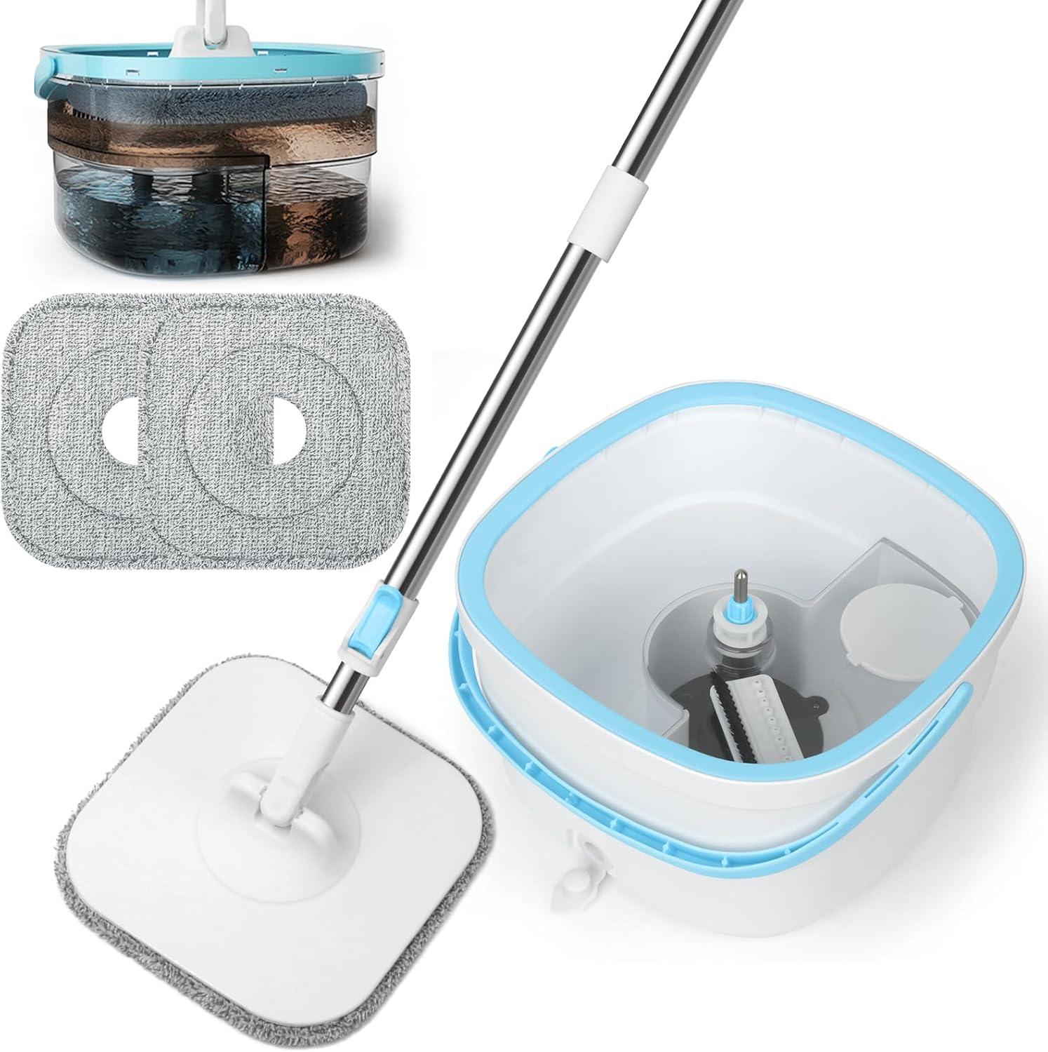 W&H Wischmopp-Set Mit 2-Kammer-Eimer – Frisch- Und Schmutzwasser Getrennt, Inkl. 2 Mikrofaserbezüge