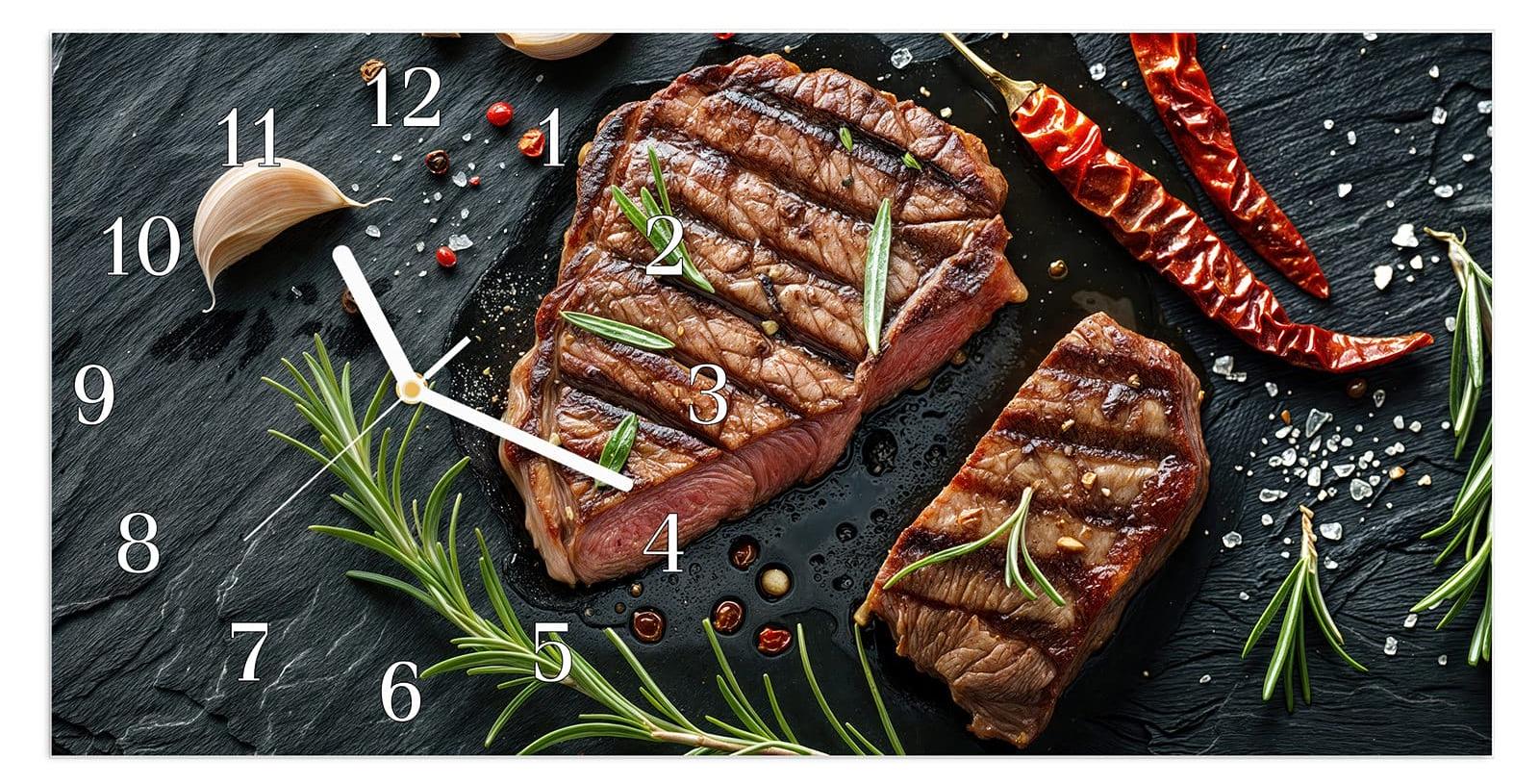 Primedeco Wanduhr aus Glas mit Motiv Gegrilltes Steak- 60 x 30 cm - inkl. Aufhängesystem