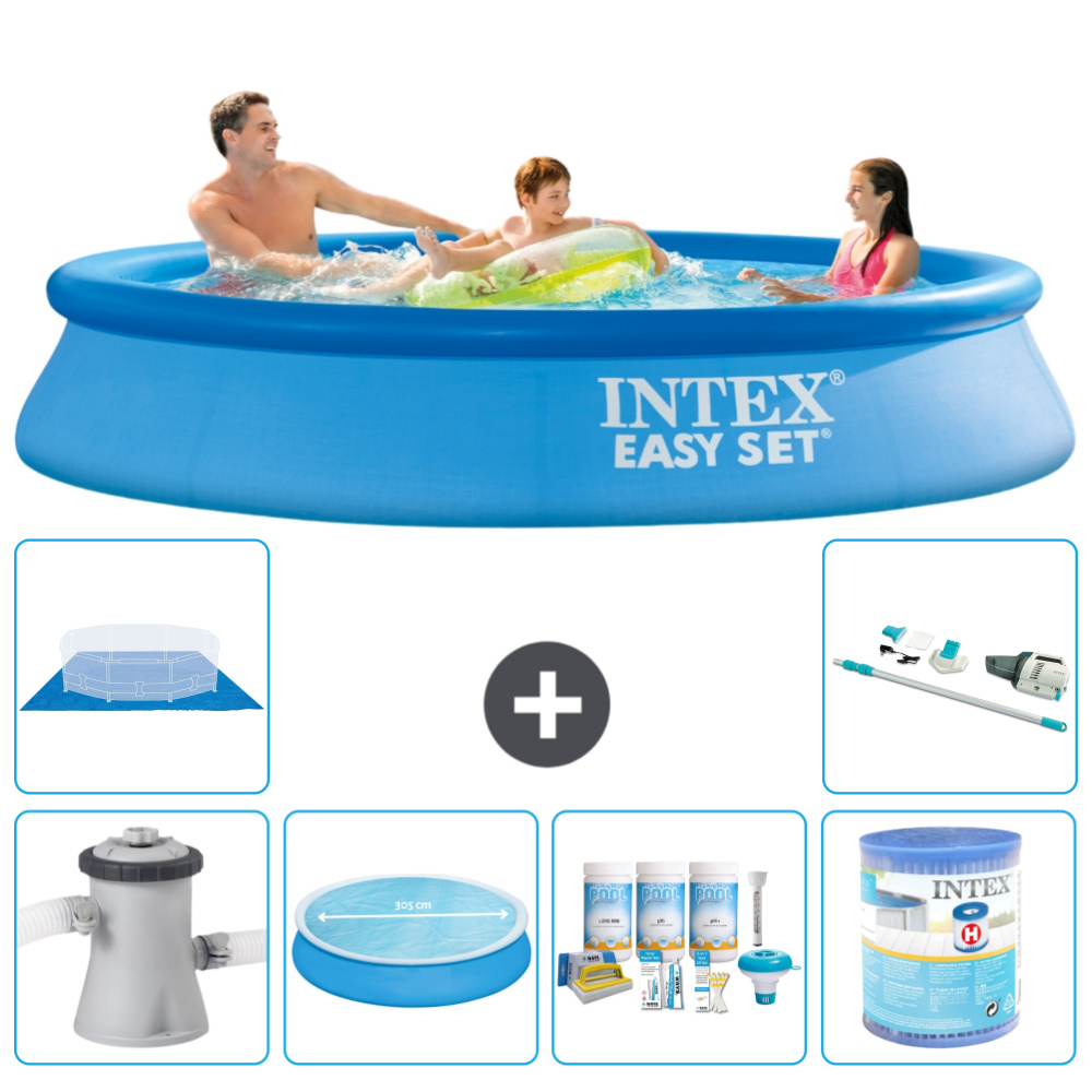 Okrúhly nafukovací bazén Intex Easy Set - 305 x 61 cm - modrý - vrátane markízy s čerpadlom - balík na údržbu - filter - podložka - vysávač