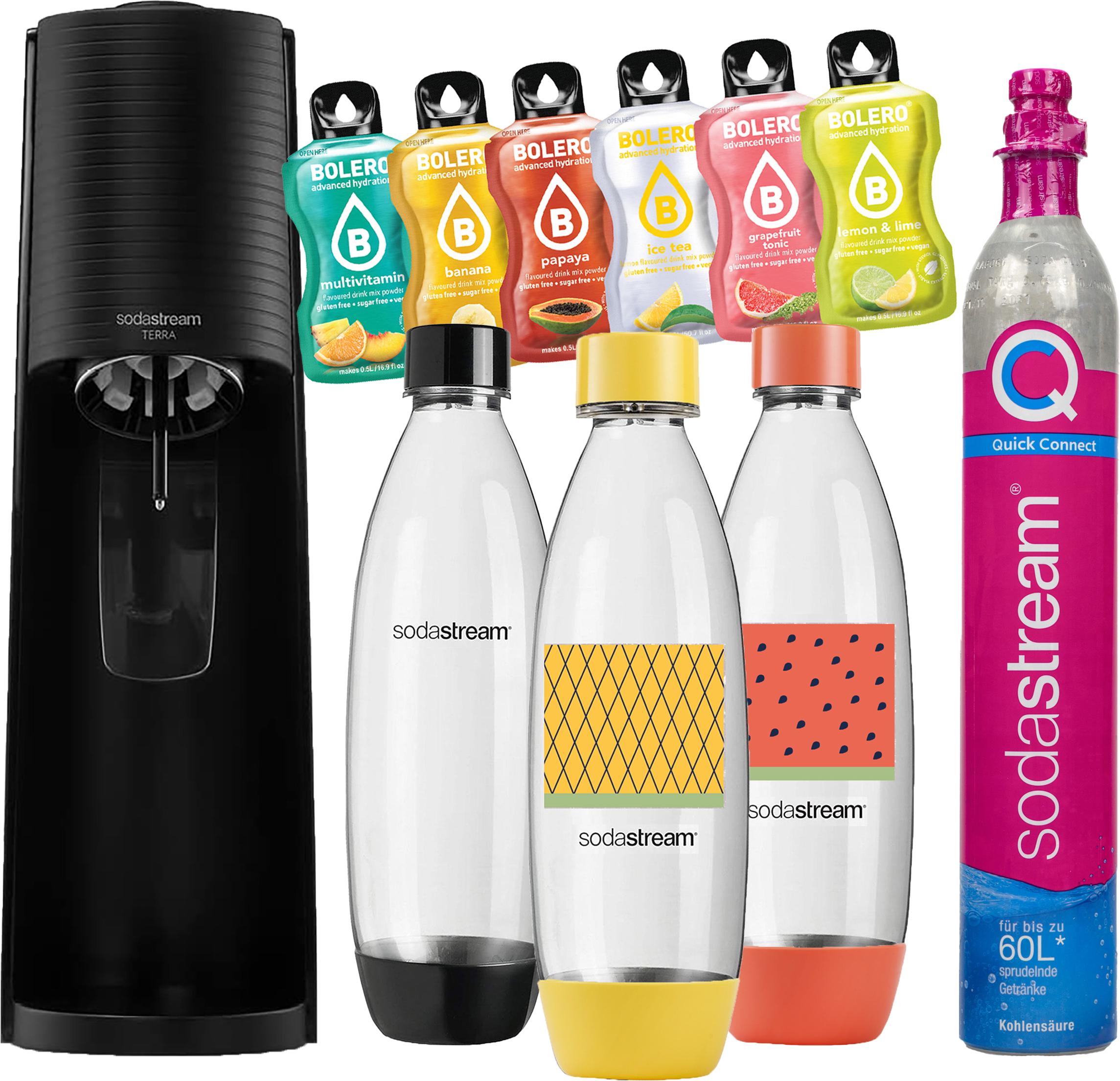 SODASTREAM TERRA BLACK Saturator + BLACK Fuse fľaša 1l + 2x dekorácia + 6x Bolera