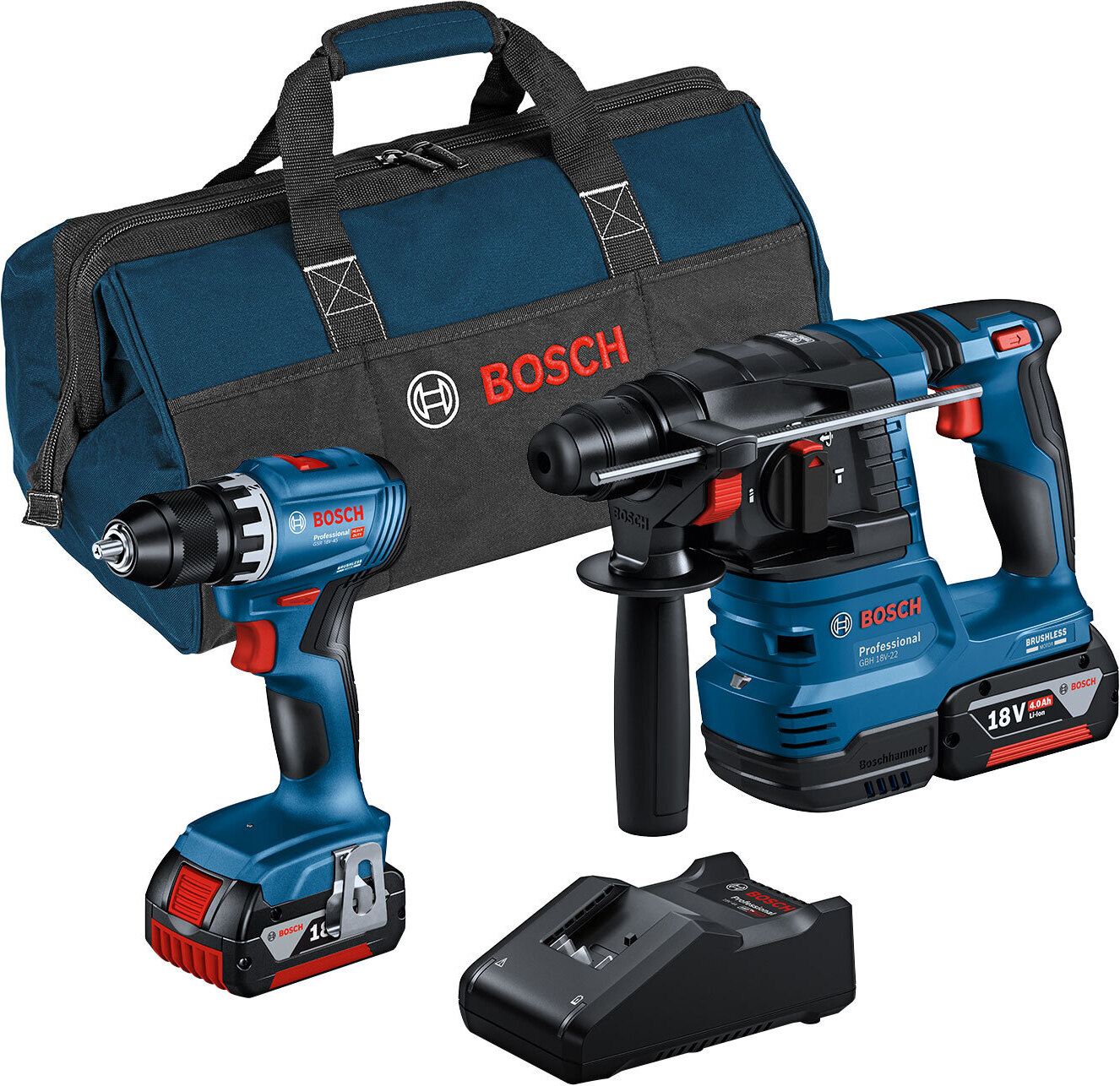Bosch Combo Kit 2-dielna 18V: GSR 18V-45 + GBH 18V-22 + 2 x batéria 4,0 Ah, rýchlonabíjačka