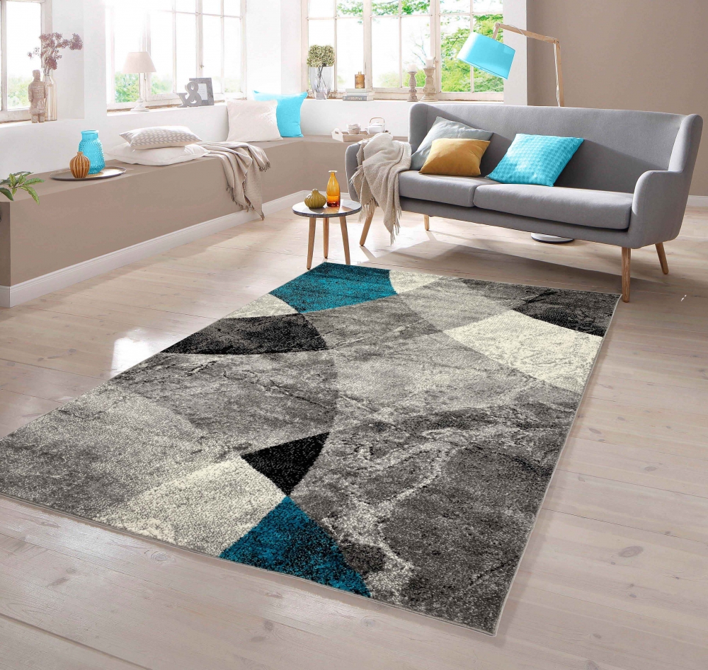 Teppich Rauten Design Muster Moderne Teppiche Grau Weiß Blau 120x170cm 