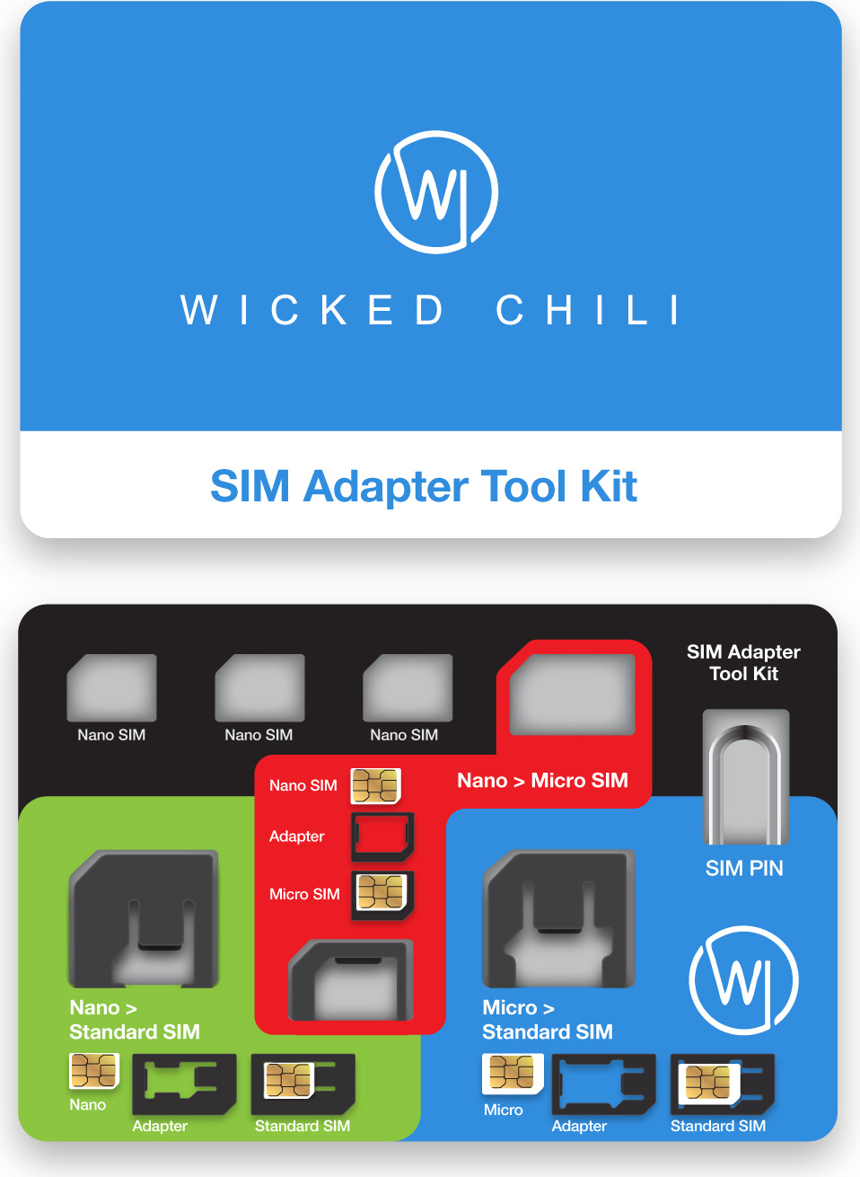 Wicked Chili 8 v 1 – nástroj na adaptéry SIM pre všetky SIM karty + držiak na 3 karty Nano SIM a 1 kartu Micro SIM + vyťahovacia ihla | Kompletná sada adaptérov a cestovné puzdro na SIM karty vo veľkosti kreditnej karty