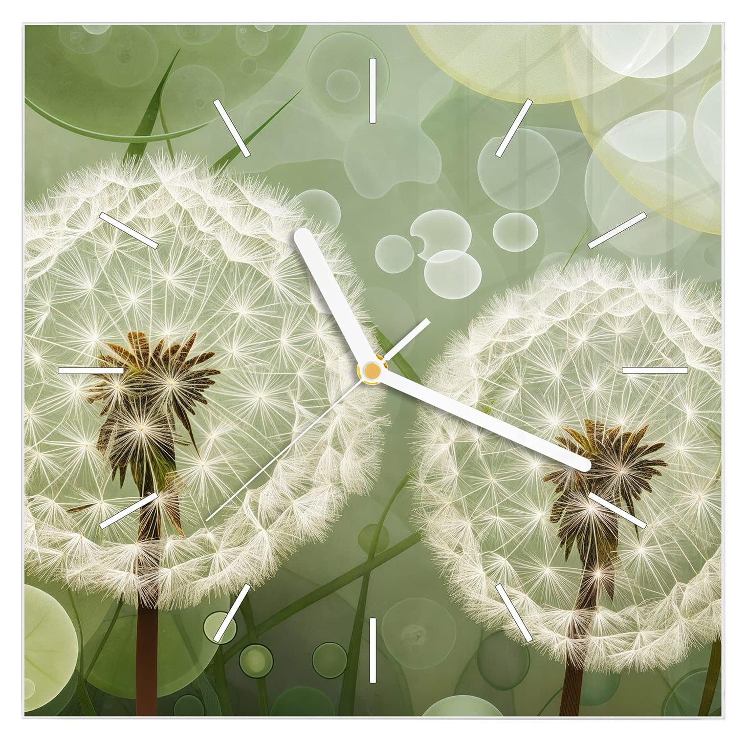 Primedeco Wanduhr aus Glas mit Motiv Löwenzahnzarte Blüten- 30 x 30 cm - inkl. Aufhängesystem