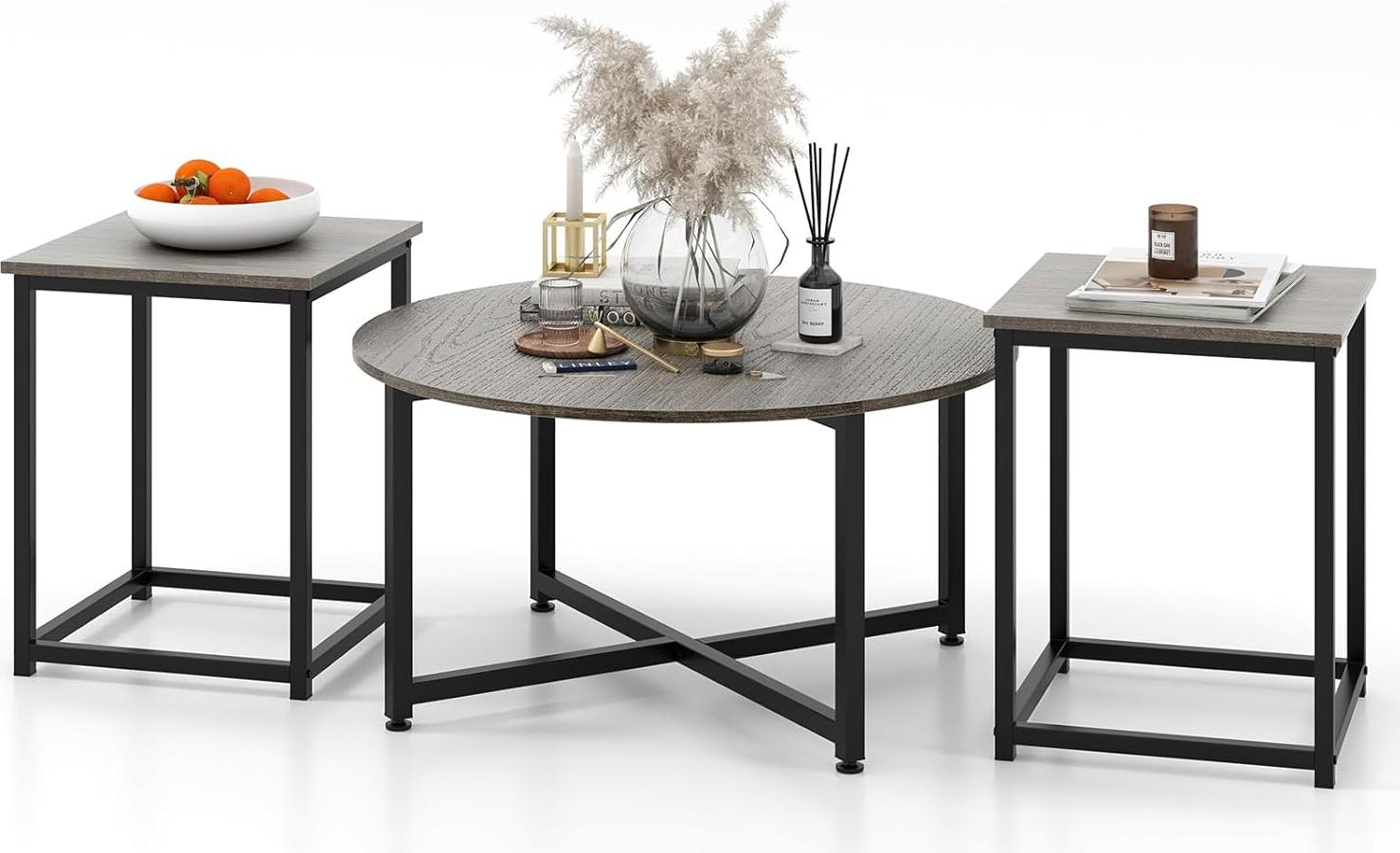 GIANTEX Set mit 3 Couchtischen, Couchtisch mit stabilem Eisenrahmen, Set mit 3 Sofatischen, 1 runden Couchtisch und 2 quadratischen Couchtischen, Grau