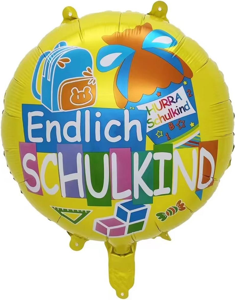 Kopper-24 Folienballon Schulbeginn, "Endlich Schulkind - Hurra Schulkind" rund, gelb, 45 x 53 cm