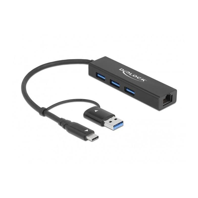 Delock 64149 DELOCK 3 Port USB 3.2Gen1 Hub Gigabit LAN USB Typ-C o. Typ-A