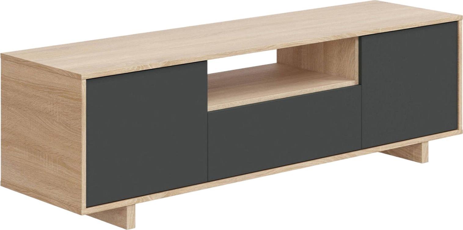 TV-Ständer Visalia, Wohnzimmer TV-Sideboard, 3-türiger TV-Ständer, Niedriges Sideboard für Wohnzimmer, 150x41h46 cm, Eiche