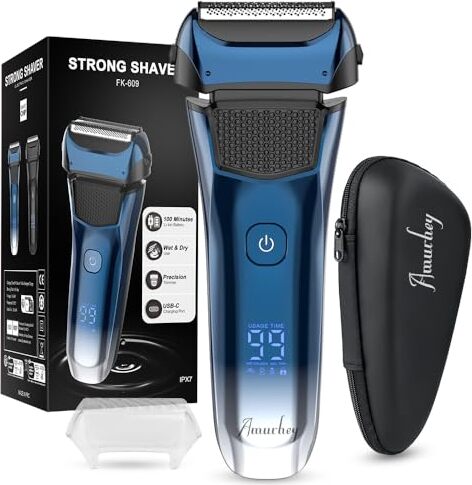 Pánsky elektrický holiaci strojček 3 flexibilné čepele a cestovné puzdro, presný holiaci strojček, mokrý/suchý holiaci strojček, 120 minút prevádzky, nabíjateľný
