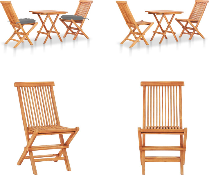 vidaXL 3 ks Bistro set so sivými vankúšmi z masívneho teakového dreva - Bistro set - Bistro sety - Drevené bistro sety - Drevené bistro sety