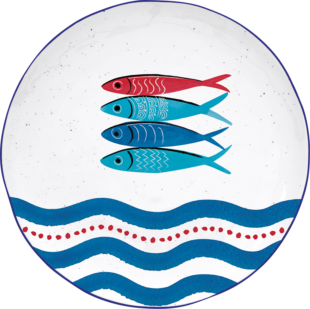 Speiseteller SARDINE'S PARTY FISCHE Motiv 2 rund D. 26cm weiß blau EASY LIFE 2200-SARD
