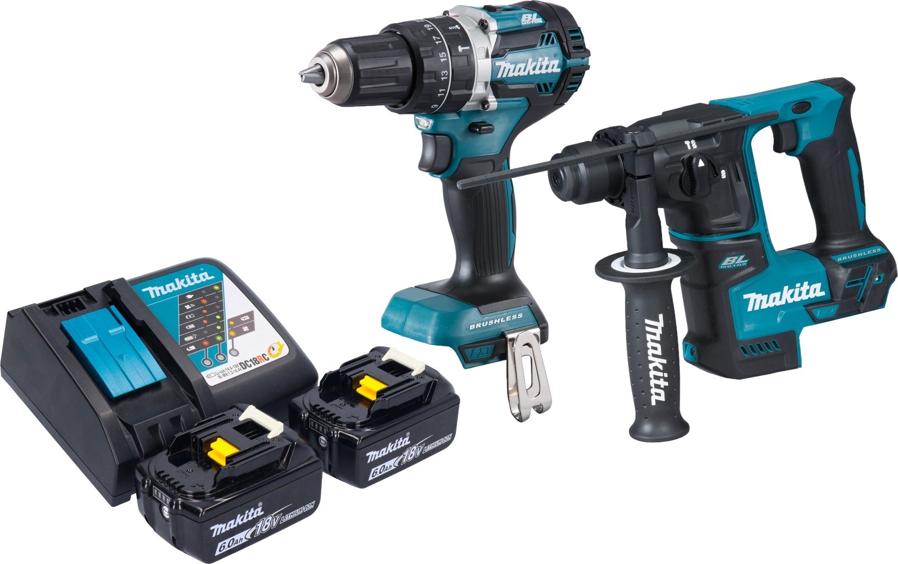 Akumulátorová kombinovaná súprava Makita DLX 2278 RG + príklepová vŕtačka DHP 484 54 Nm + vŕtacie kladivo DHR 171 1,2 J + 2x akumulátor 6,0 Ah + nabíjačka
