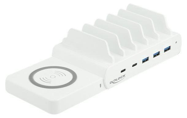 DeLOCK USB and Wireless Charger 2 x USB Type-C PD + 3 x USB Type-A with 110 W, Voľne stojace, Biela, 5 A, 100 - 240 V, 2.4 A, 95 mm