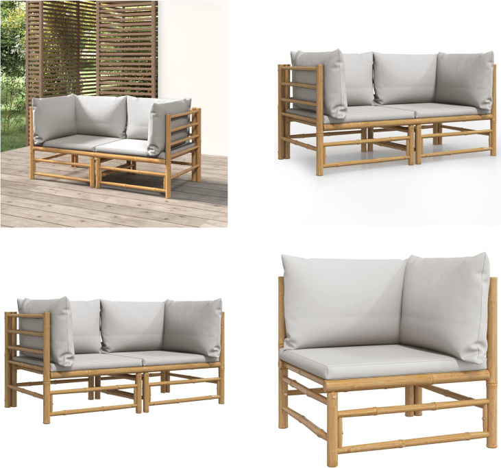 vidaXL Rohové záhradné pohovky so svetlosivými vankúšmi 2 ks. Bambus - Rohová záhradná pohovka - Rohové záhradné pohovky - Rohová vonkajšia pohovka - Rohová pohovka na terasu