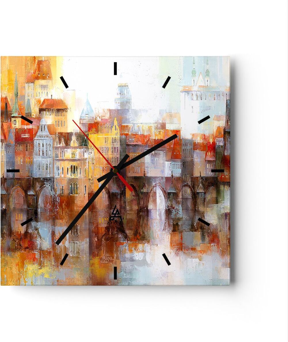 Arttor Wanduhr - Quadrat - Glasuhr - Stadt Mietshaus - 40x40cm - Schleichendes Uhrwerk - Lautlos - zum Aufhängen bereit - Dekoration Modern - Wanddekoration aus Glas - C3AC40x40-3476