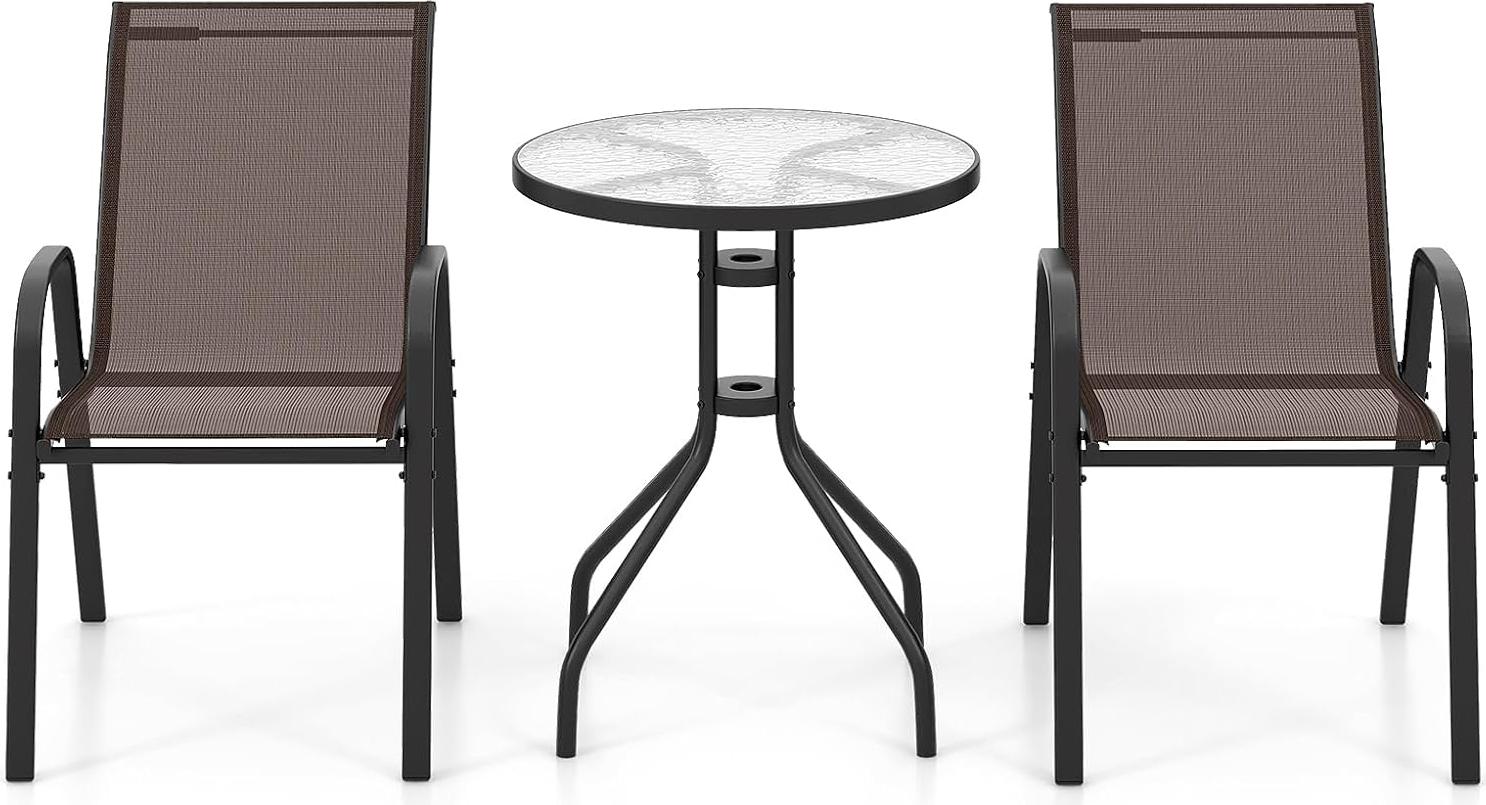 KOMFOTTEU 3 KS. Bistro set, sada záhradného nábytku vrátane záhradného stola s otvorom na slnečník a 2 skladacích stoličiek, balkónový set záhradný set na balkón (hnedý)