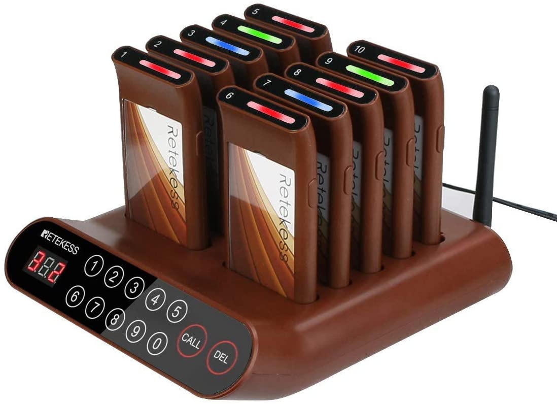 Retekess T116A Drahtloses Anrufsystem, 10 Pagers Mini Kundenrufsystem Sound Flash Tipps 999 Kanäle 300 Meter für Restaurant Hotel Schule EUF9407D