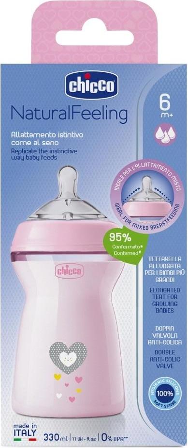 Chicco NaturalFeeling Anti-Colic Babyflasche 330 ml - Fast Flow - 6m+ (Pink)