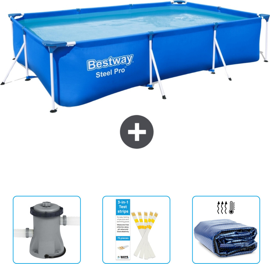 Obdĺžnikový bazén Bestway Steel Pro - 300 x 201 x 66 cm - modrý - obsahuje čerpadlo - testovacie prúžky - slnečná clona